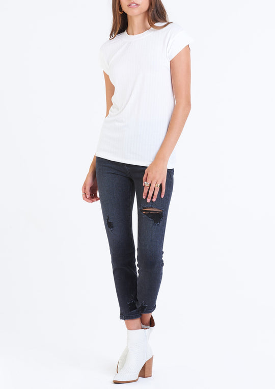 image of a female model wearing a GABBY VERIGATED RIBBED TOP WHITE TOPS