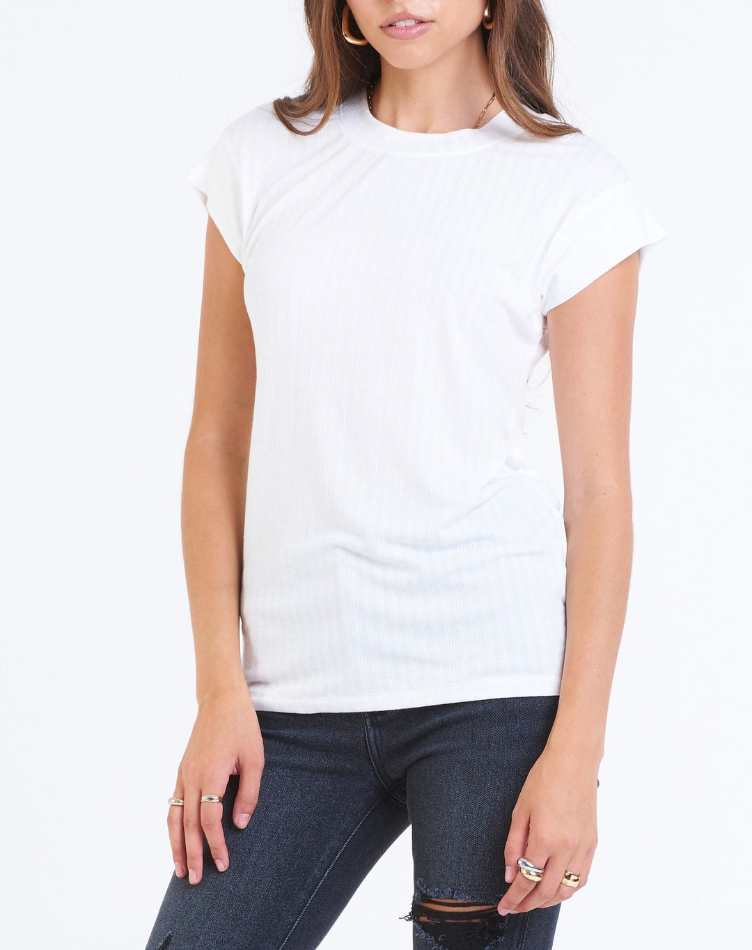 image of a female model wearing a GABBY VERIGATED RIBBED TOP WHITE TOPS