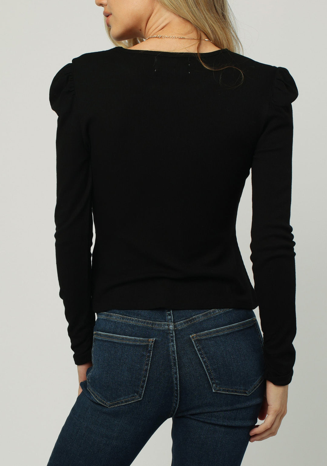 image of a female model wearing a MAE LONG SLEEVE CREW NECK TOP BLACK DEAR JOHN DENIM 