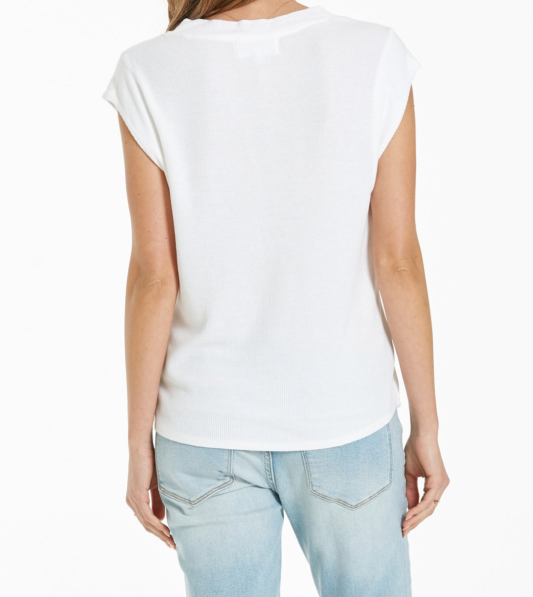 image of a female model wearing a URI THERMAL V-NECK TOP WHITE DEAR JOHN DENIM 