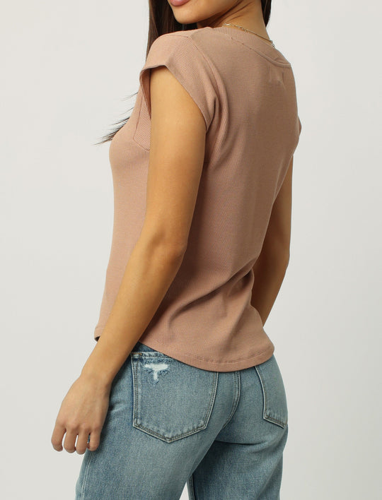 image of a female model wearing a URI THERMAL V-NECK TOP WILD MUSHROOM DEAR JOHN DENIM 