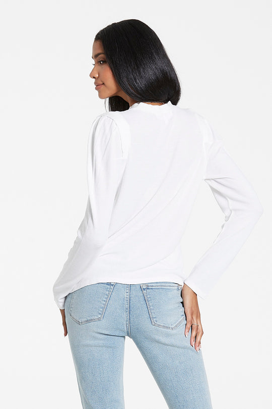 image of a female model wearing a VERA THERMAL PLEATED WHITE TOP DEAR JOHN DENIM 