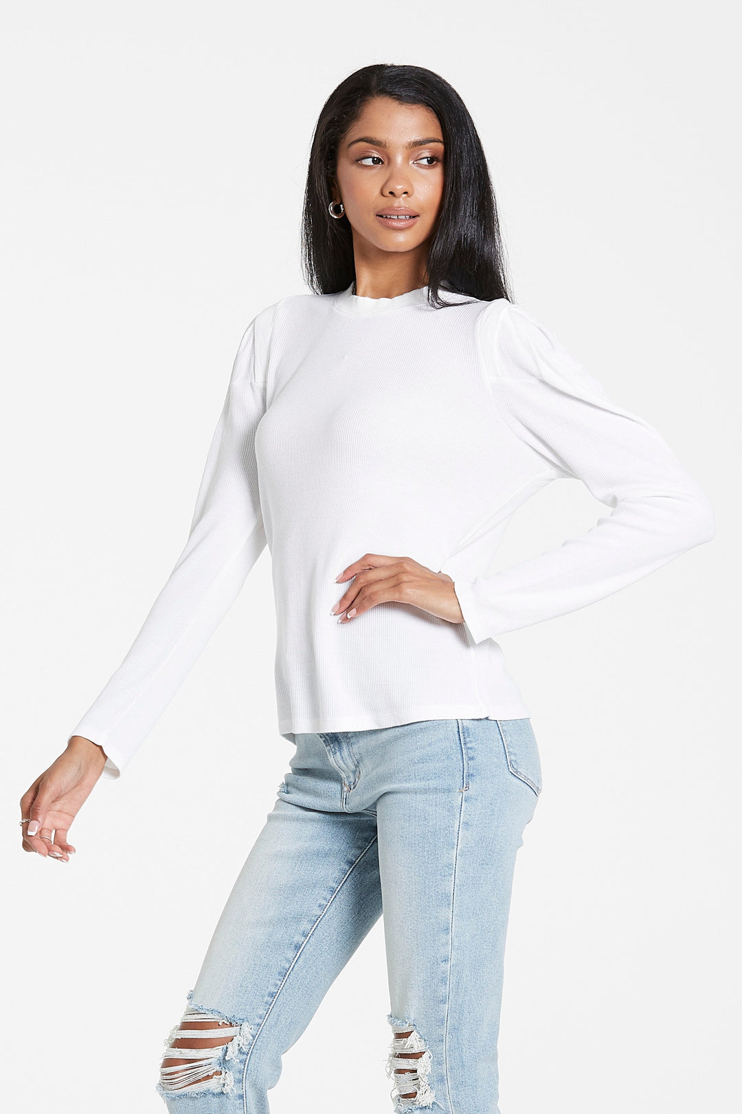 image of a female model wearing a VERA THERMAL PLEATED WHITE TOP DEAR JOHN DENIM 