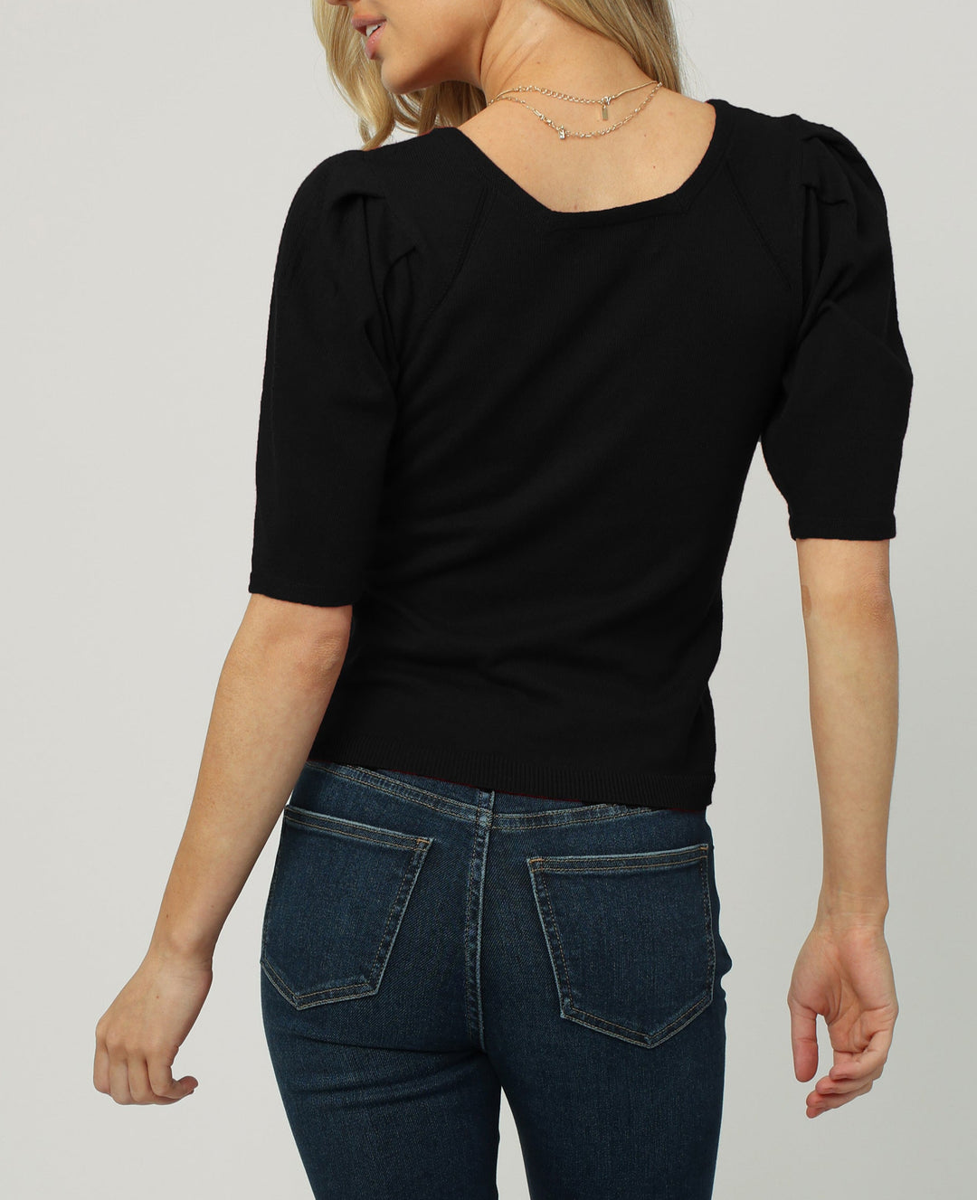 image of a female model wearing a ISLA PUFFED SHORT SLEEVE TOP BLACK SWEATERS