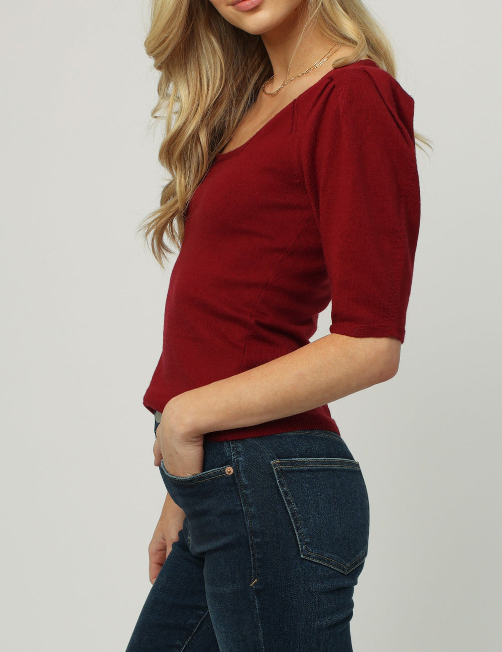 image of a female model wearing a ISLA PUFFED SHORT SLEEVE TOP CRANBERRY RED DEAR JOHN DENIM 