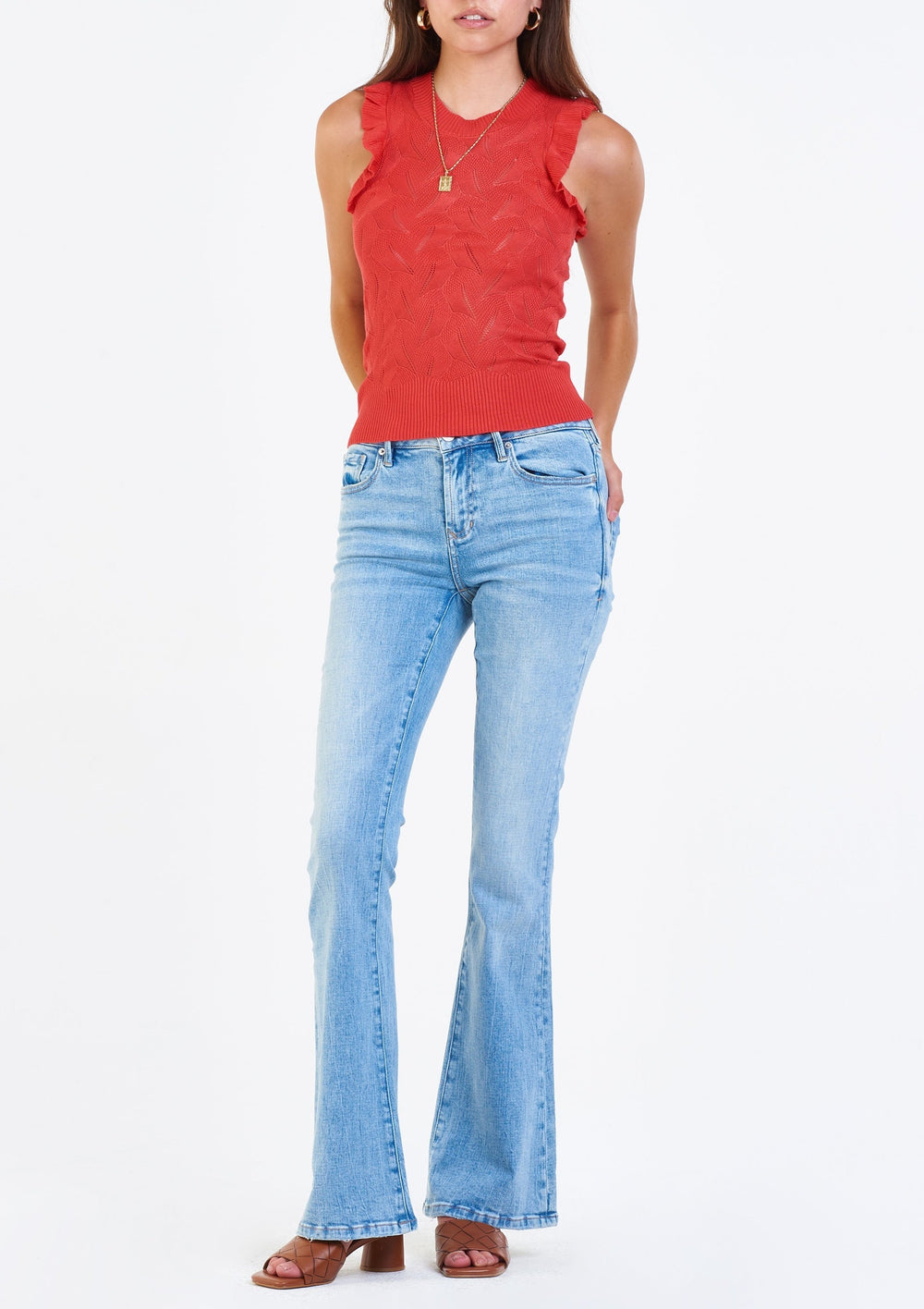 image of a female model wearing a BETTY CREW TANK TOP RED ROSA DEAR JOHN DENIM 