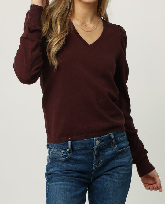 image of a female model wearing a LILLY LONG SLEEVE V-NECK SWEATER HICKORY SWEATERS