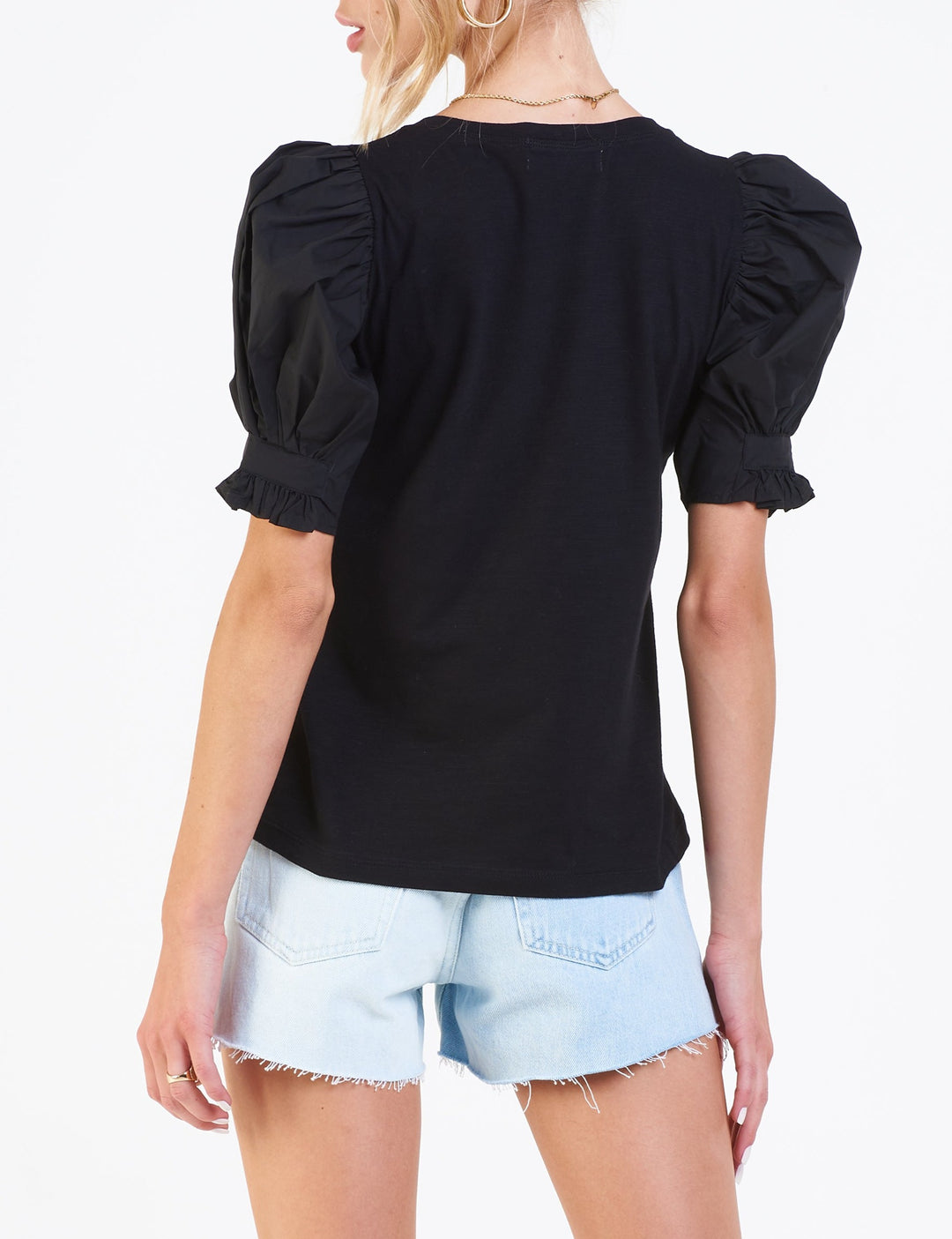 image of a female model wearing a DANI PUFF SLEEVE TOP BLACK DEAR JOHN DENIM 