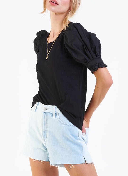 image of a female model wearing a DANI PUFF SLEEVE TOP BLACK DEAR JOHN DENIM 