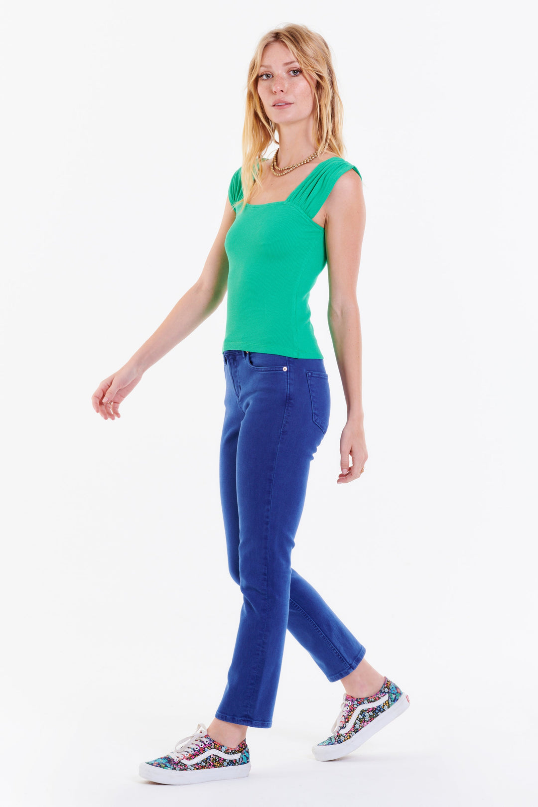 image of a female model wearing a NAILA RUCHED SHOULDER TOP SHAMROCK TOPS