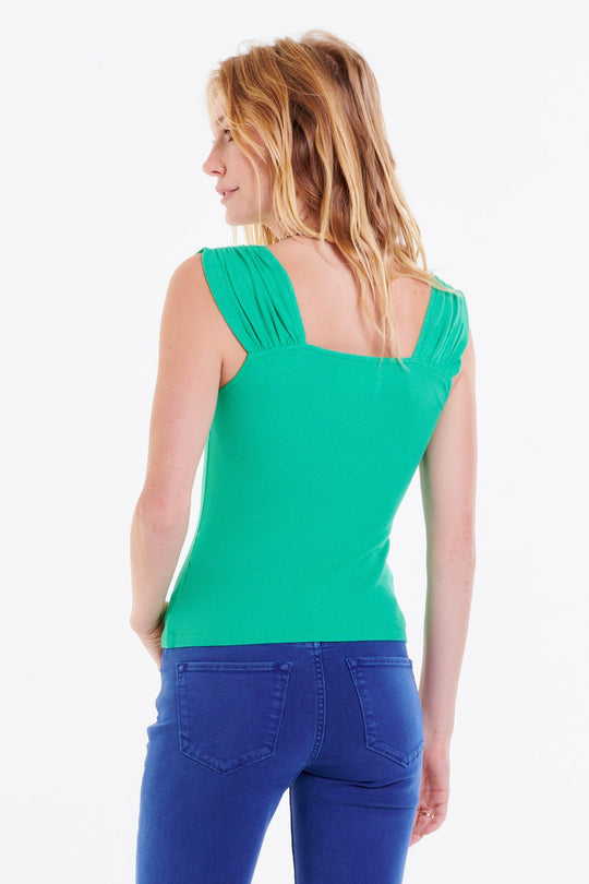 image of a female model wearing a NAILA RUCHED SHOULDER TOP SHAMROCK TOPS