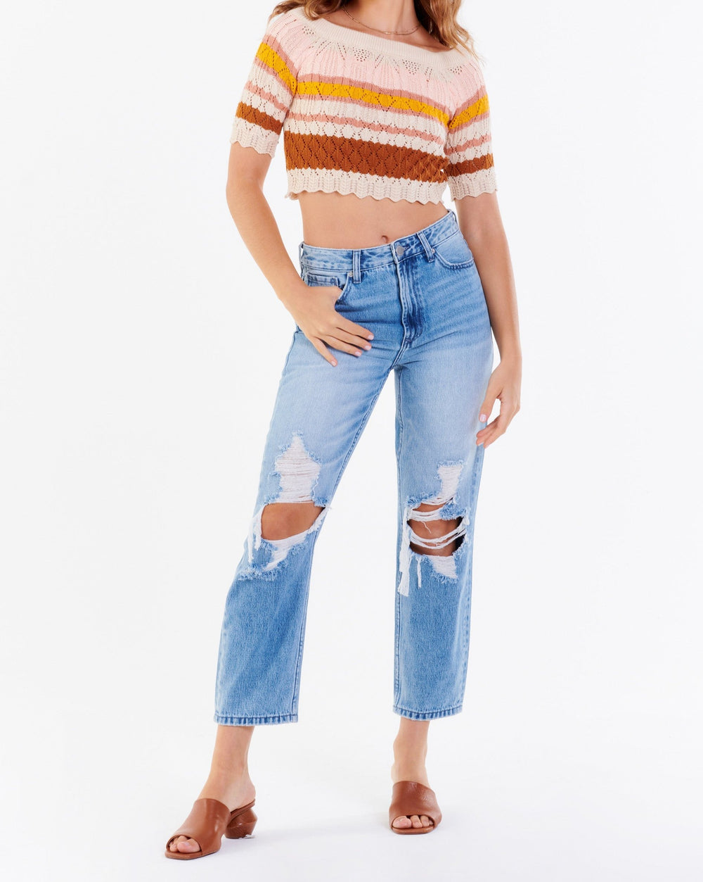 image of a female model wearing a RUBY OFF SHOULDER CROP TOP GOLDEN HAZE DEAR JOHN DENIM 