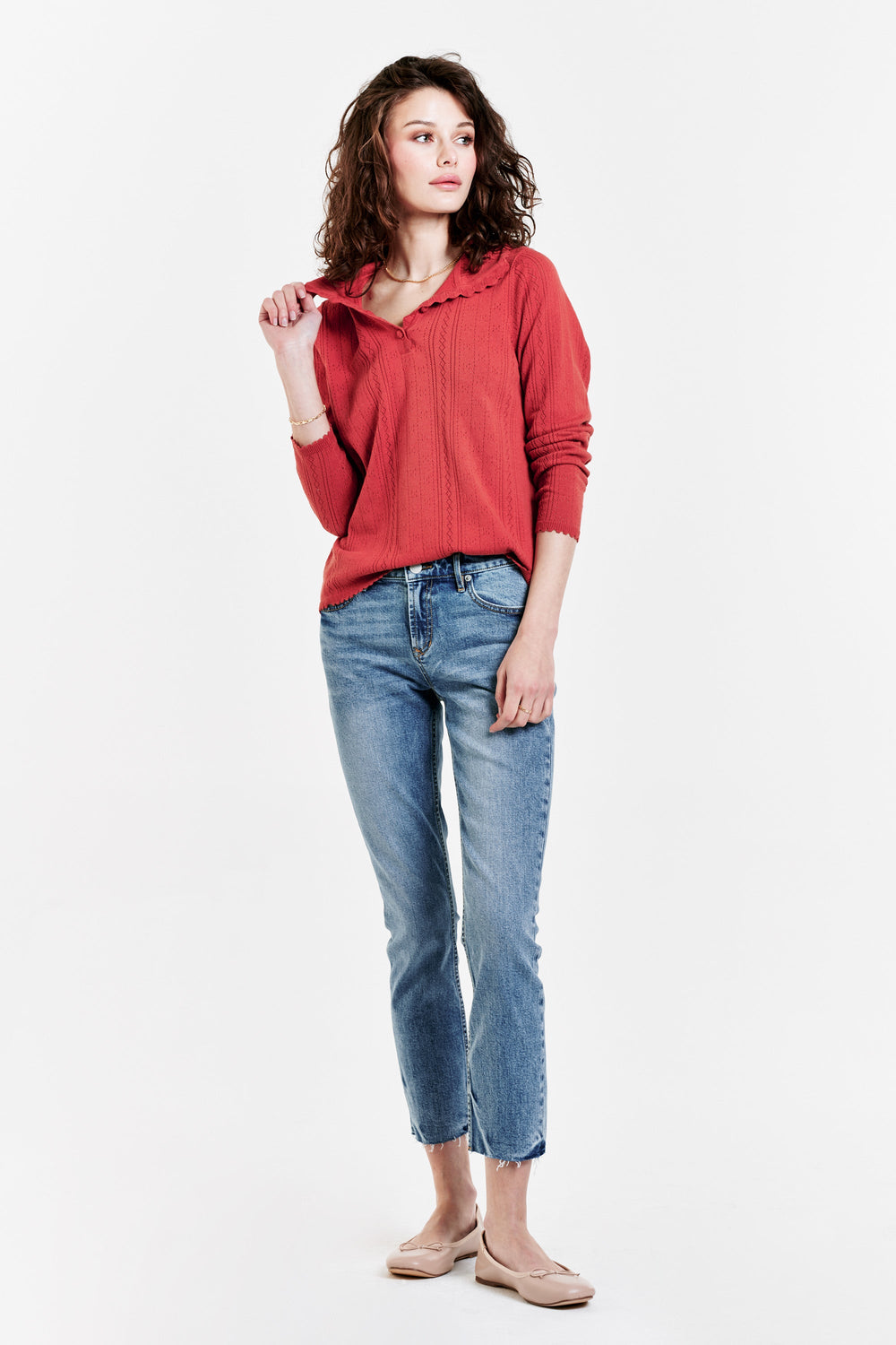 image of a female model wearing a ELIZABETH BUTTON FRONT HENLEY PERSIMMON TOPS