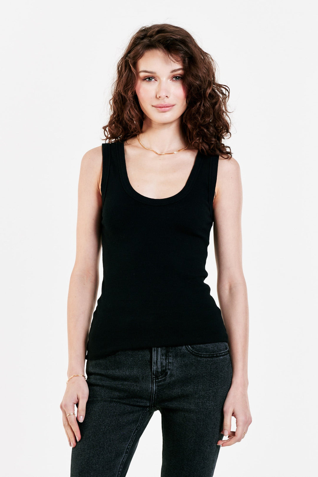 image of a female model wearing a PAULA SCOOP TANK BLACK DEAR JOHN DENIM 