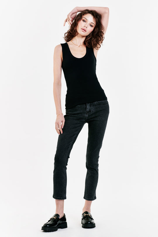 image of a female model wearing a PAULA SCOOP TANK BLACK DEAR JOHN DENIM 