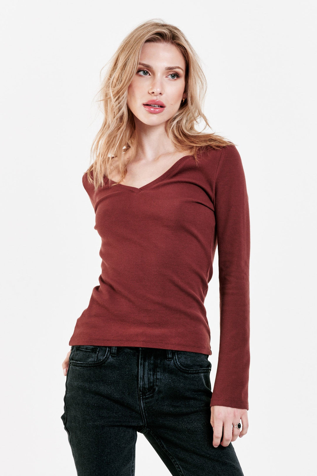 image of a female model wearing a SCARLETT V-NECK TOP CHOCOLATE TRUFFLE TOPS