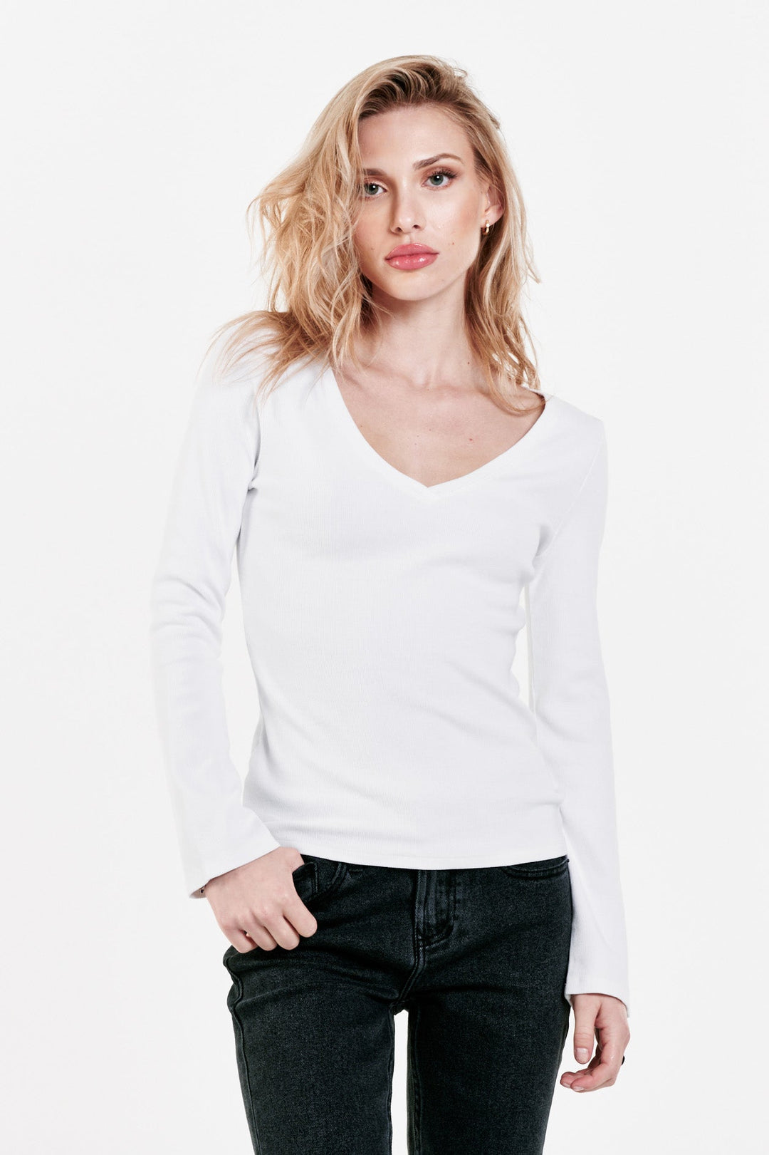 image of a female model wearing a SCARLETT V-NECK TOP WHITE DEAR JOHN DENIM 