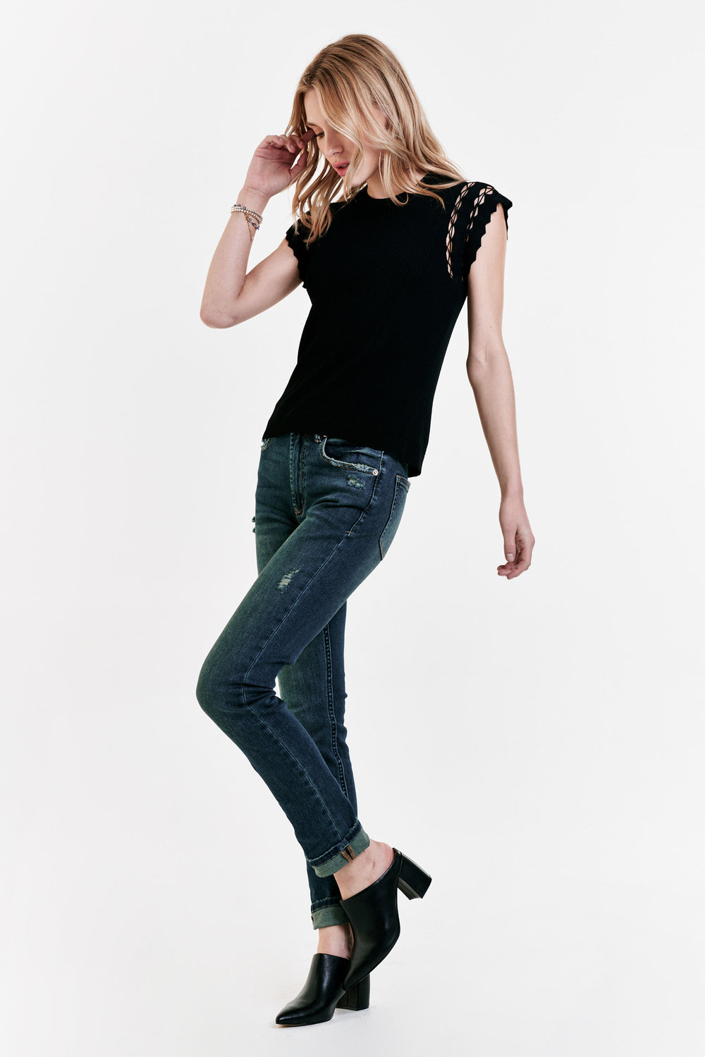 image of a female model wearing a JOIE EMBROIDERY TOP BLACK DEAR JOHN DENIM 