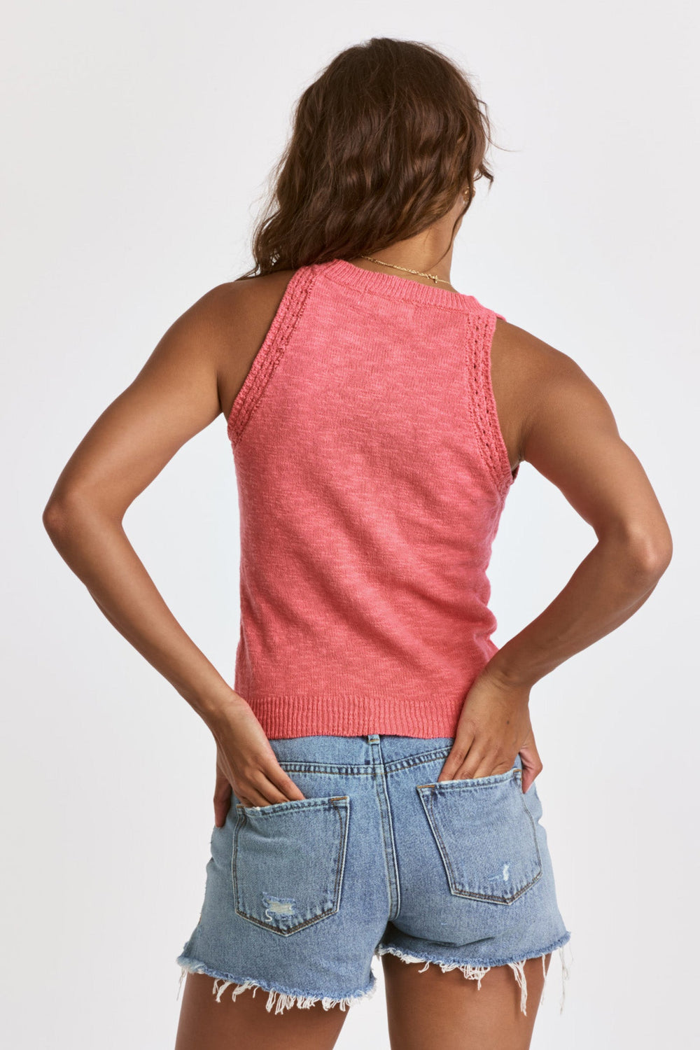 image of a female model wearing a BASIL HALTER TANK CORAL QUARTZ DEAR JOHN DENIM 