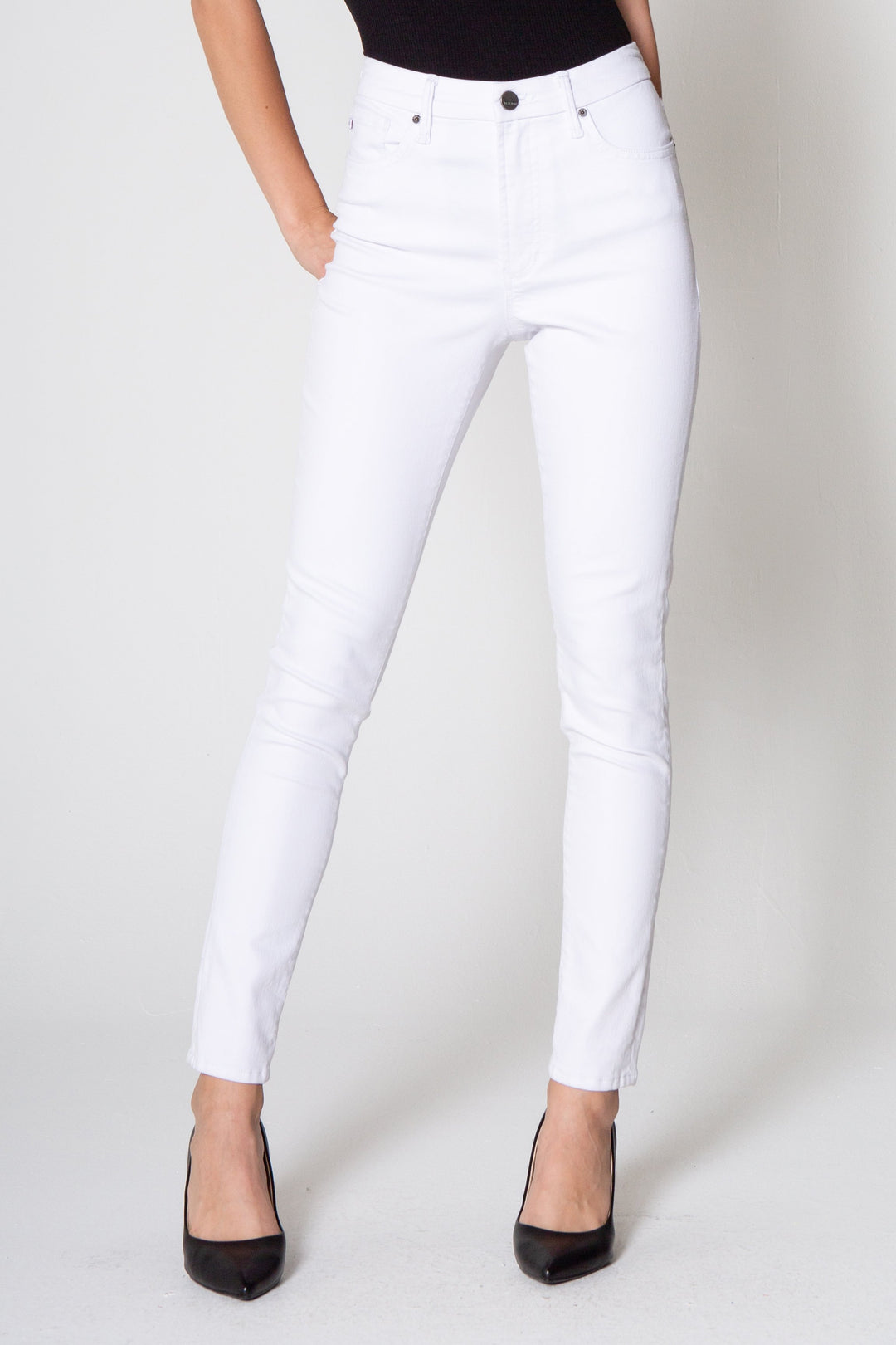 image of a female model wearing a OLIVIA SUPER HIGH RISE SKINNY JEANS OPTIC WHITE JEANS