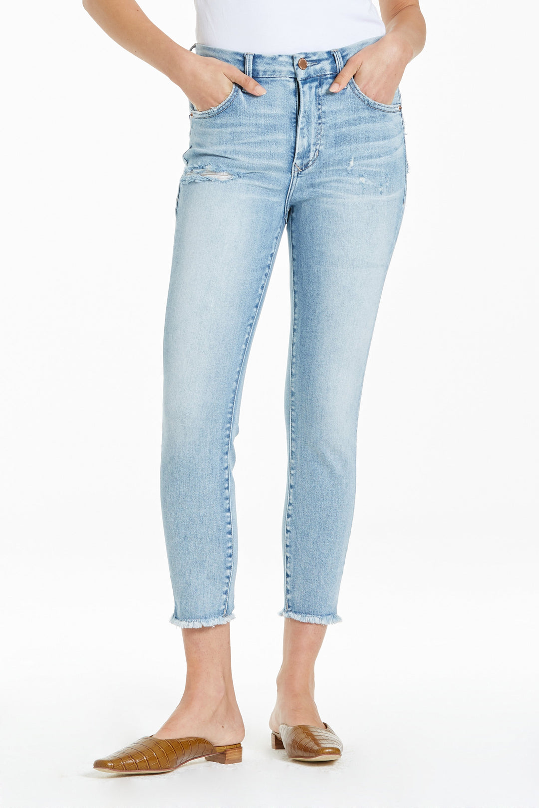 image of a female model wearing a PIXIE HIGH RISE ANKLE CROPPED SKINNY JEANS SANTA CLARA JEANS