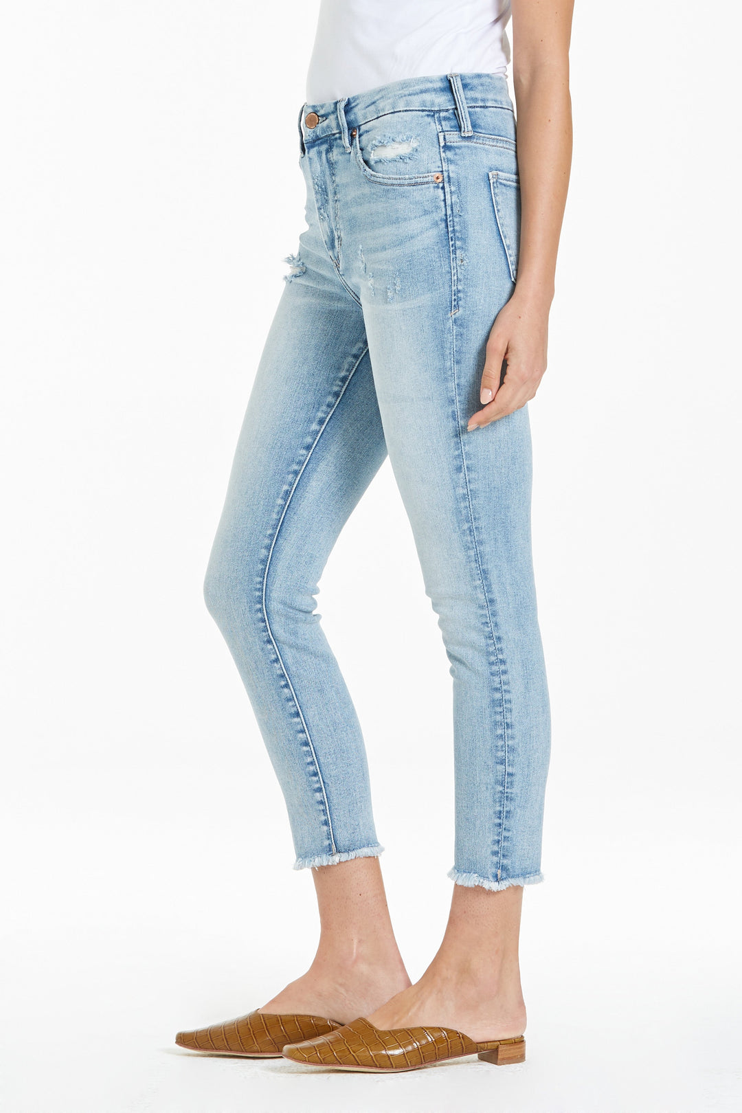 image of a female model wearing a PIXIE HIGH RISE ANKLE CROPPED SKINNY JEANS SANTA CLARA JEANS
