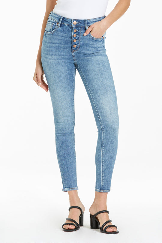 image of a female model wearing a OLIVIA SUPER HIGH RISE ANKLE SKINNY JEANS CORONADO JEANS
