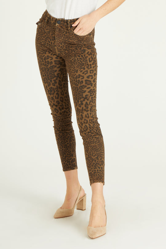 image of a female model wearing a 9 1/2" HIGH RISE GISELE SKINNY IN SHADOW LEOPARD JEANS