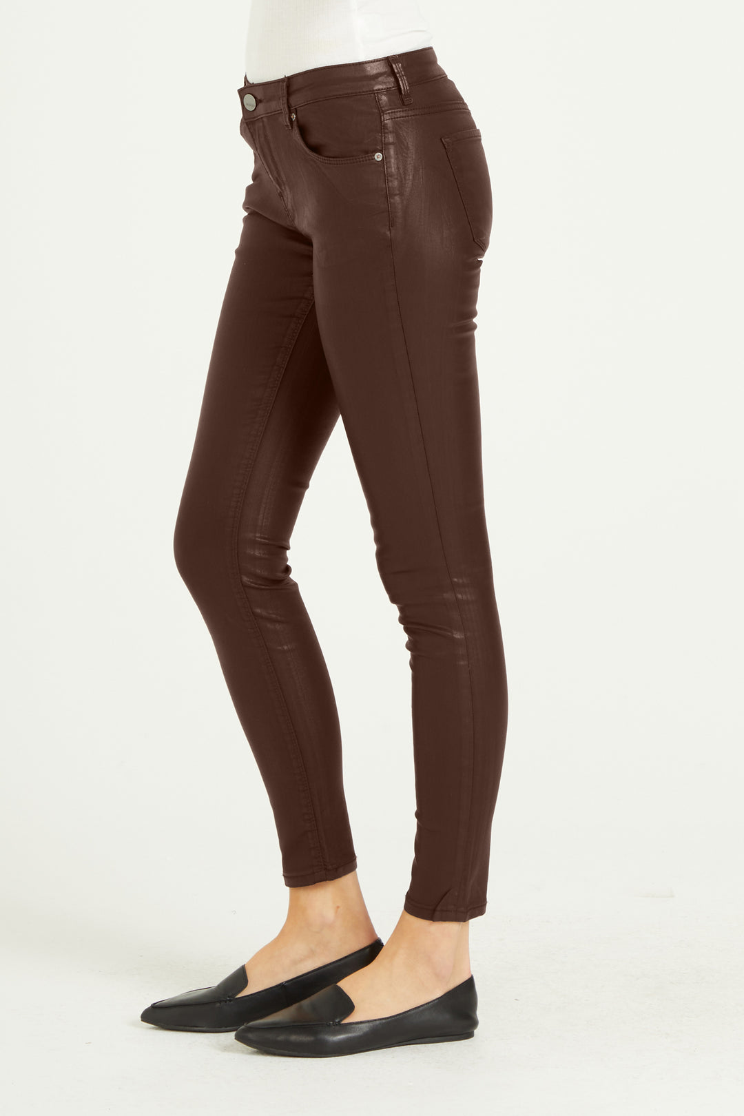 image of a female model wearing a PIXIE HIGH RISE ANKLE SKINNY JEANS ESPRESSO COATED JEANS