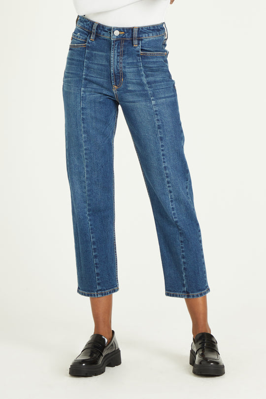 image of a female model wearing a 11" SUPER HIGH RISE RANDY STRAIGHT IBIZA JEANS