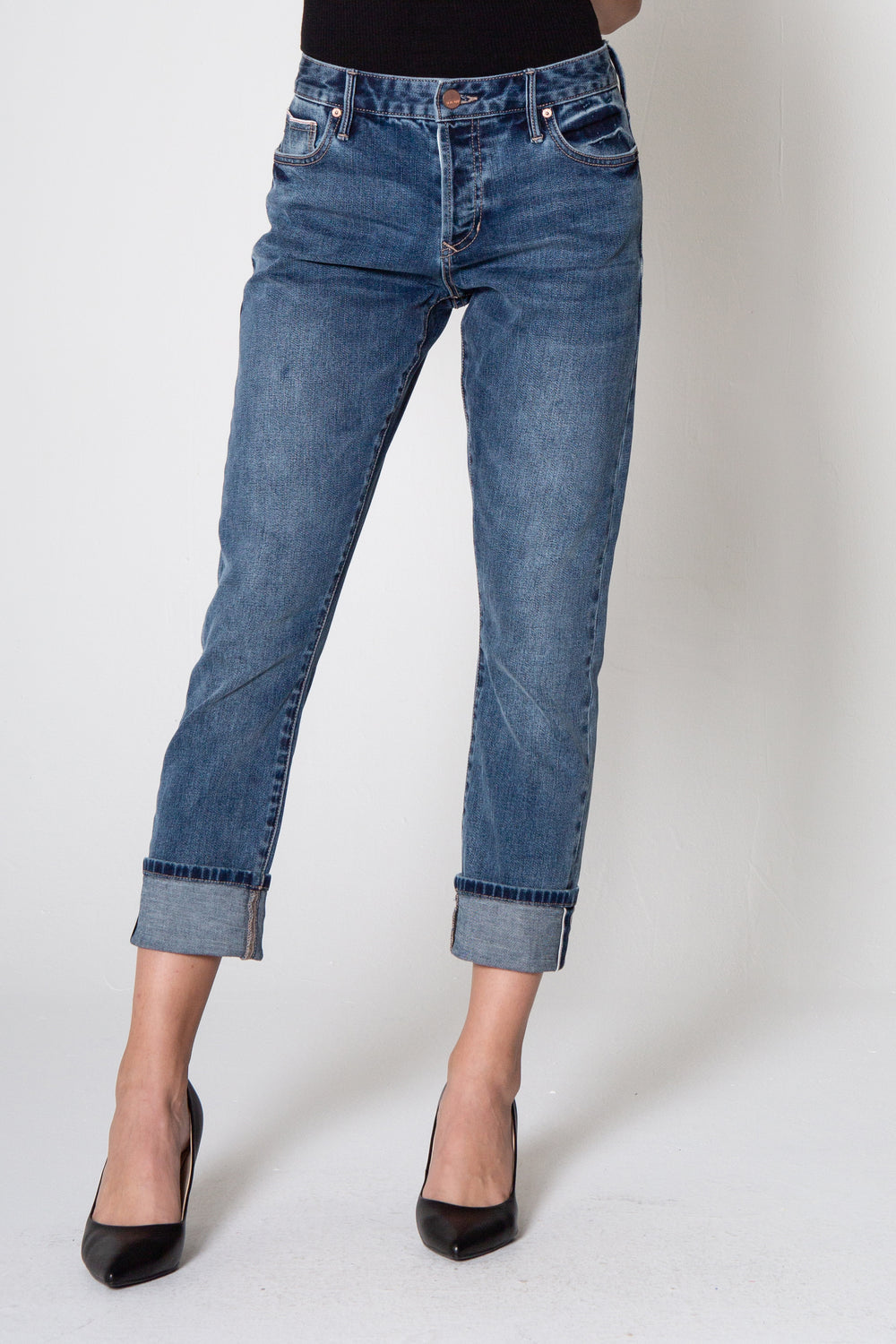 image of a female model wearing a 9 1/2" BLAIRE HIGH RISE SLIM STRAIGHT IN COTTON DEAR JOHN DENIM 