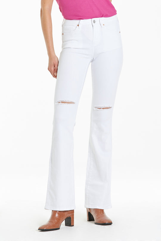 image of a female model wearing a JAXTYN HIGH RISE BOOTCUT JEANS OPTIC WHITE JEANS