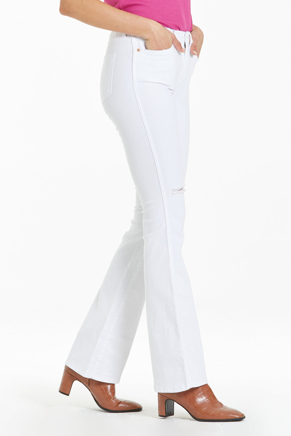 image of a female model wearing a JAXTYN HIGH RISE BOOTCUT JEANS OPTIC WHITE JEANS
