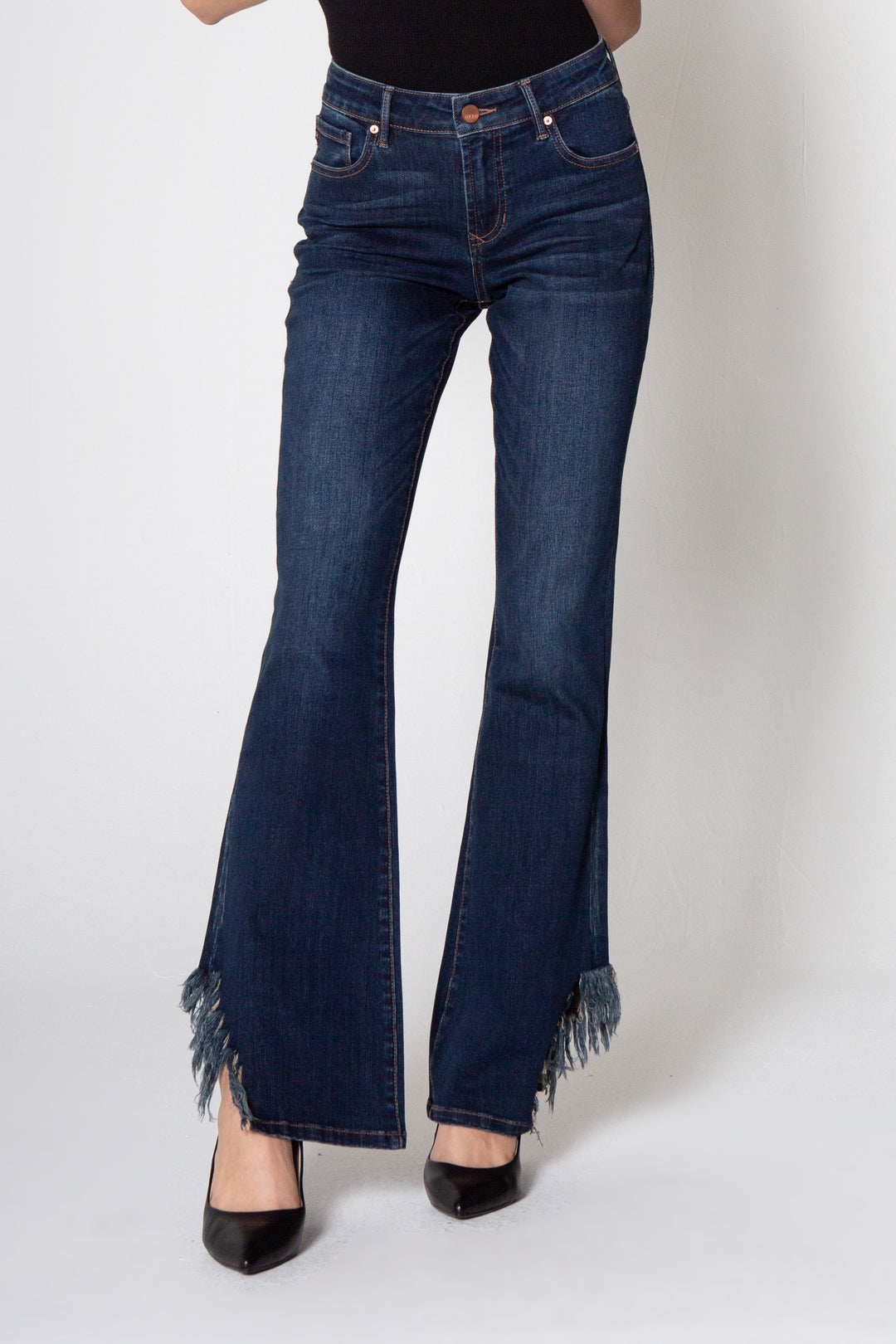 image of a female model wearing a 9 1/2" MID RISE ROSIE FLARE IN BIXBY DEAR JOHN DENIM 