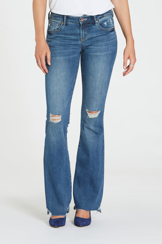 image of a female model wearing a 8 1/2MID RISE RISE ROSIE BOOTCUT BLUE ICON DEAR JOHN DENIM 