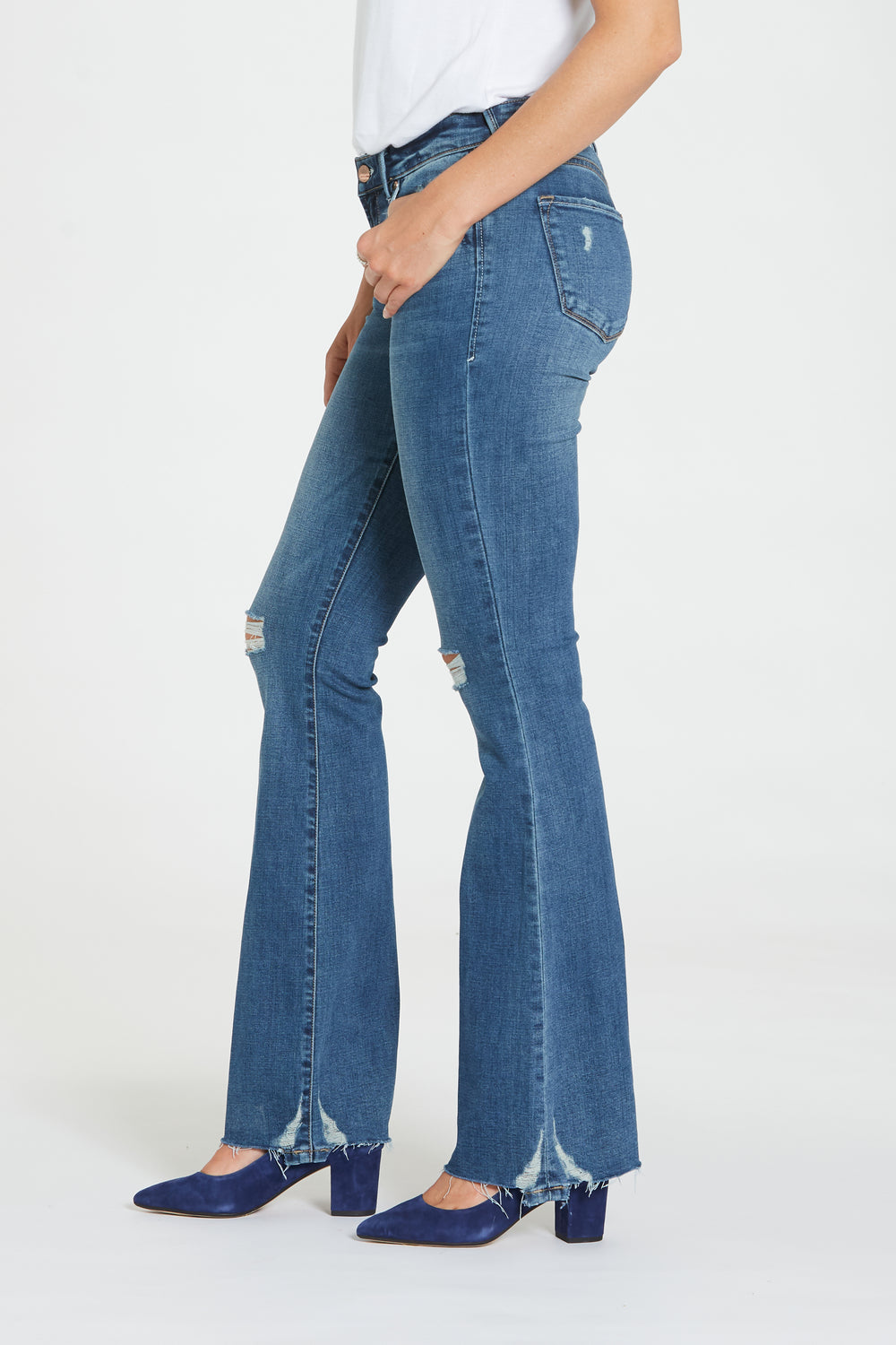 image of a female model wearing a 8 1/2MID RISE RISE ROSIE BOOTCUT BLUE ICON DEAR JOHN DENIM 