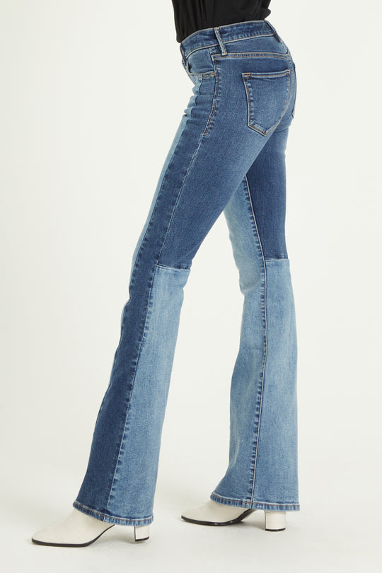 image of a female model wearing a 9 1/2" HIGH RISE ROSA FLARE IN PANORAMA JEANS