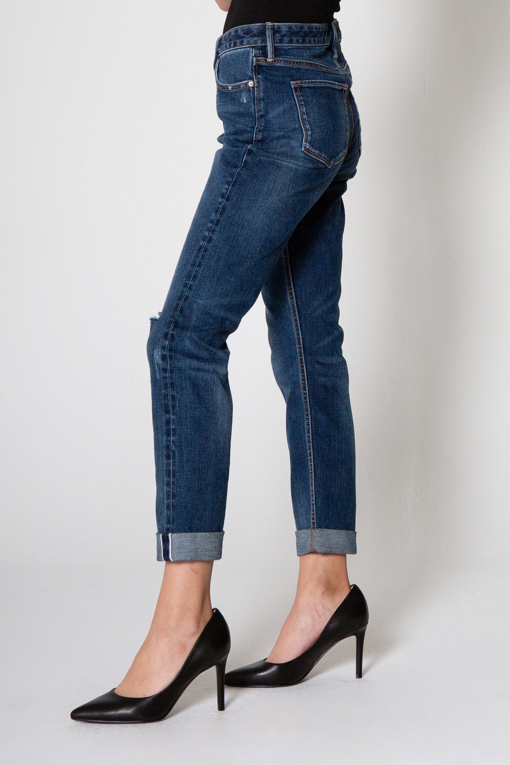 image of a female model wearing a 9 3/4" KARSYN HIGH RISE BOYFRIEND IN CHADSFORD DEAR JOHN DENIM 