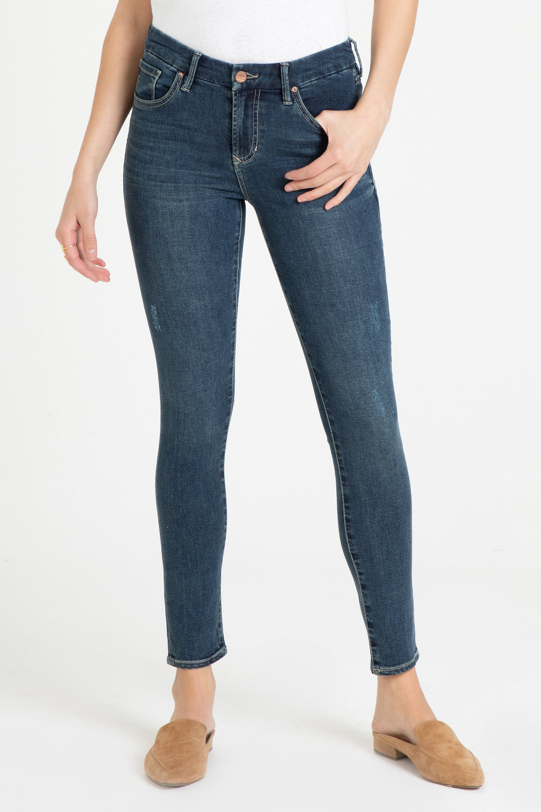 image of a female model wearing a GISELE HIGH RISE ANKLE SKINNY JEANS BROOKLYN JEANS