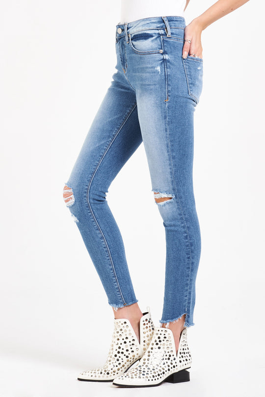 image of a female model wearing a GISELE HIGH RISE ANKLE SKINNY JEANS HUNTINGTON JEANS