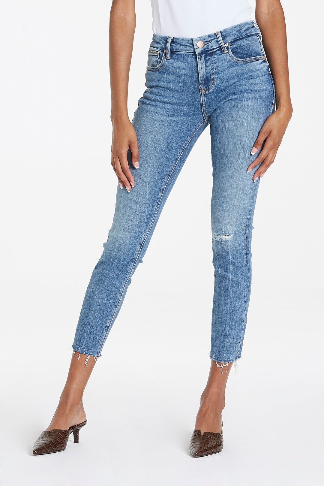 image of a female model wearing a OLIVIA SUPER HIGH RISE ANKLE SKINNY JEANS POCATELLO JEANS
