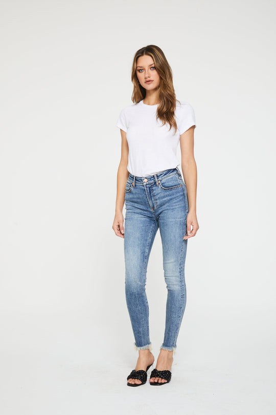 image of a female model wearing a OLIVIA SUPER HIGH RISE ANKLE SKINNY JEANS WEST CANYON DEAR JOHN DENIM 