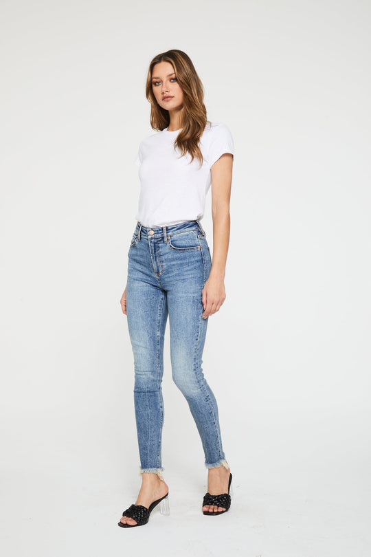 image of a female model wearing a OLIVIA SUPER HIGH RISE ANKLE SKINNY JEANS WEST CANYON JEANS