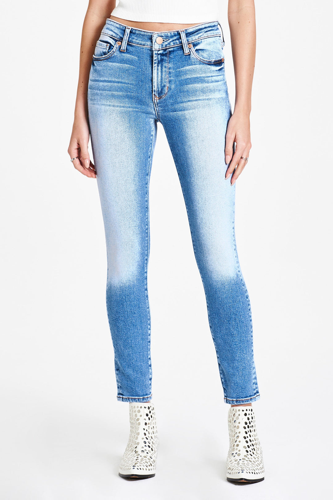 image of a female model wearing a OLIVIA SUPER HIGH RISE ANKLE SKINNY JEANS WEST CORONADO JEANS