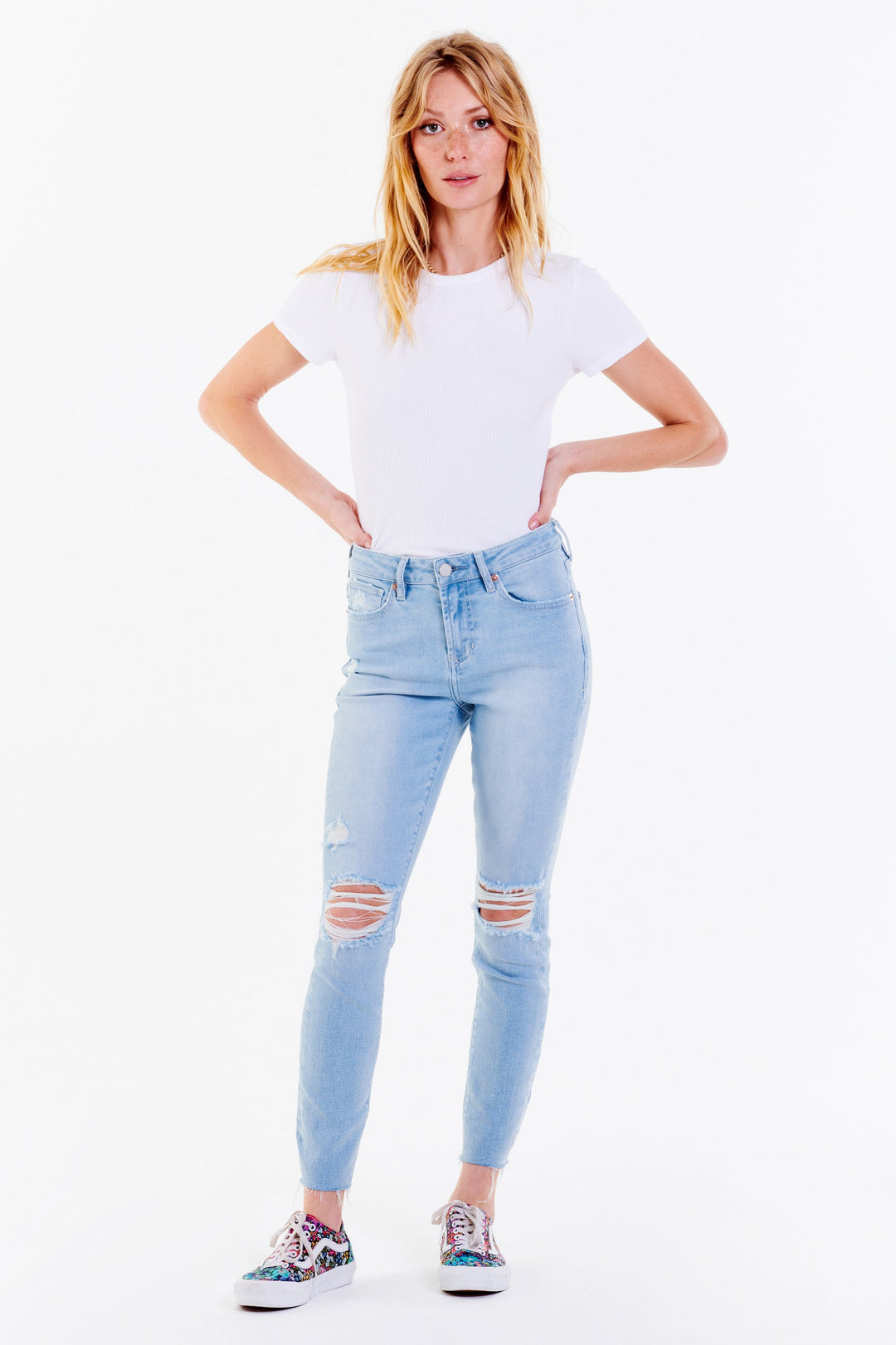 image of a female model wearing a GISELE HIGH RISE ANKLE SKINNY JEANS JOLIET JEANS