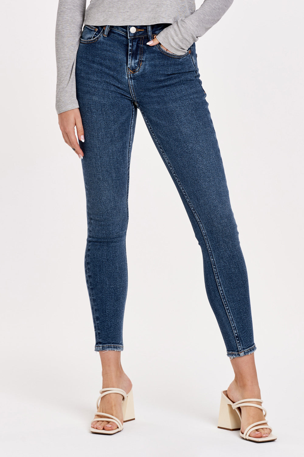 image of a female model wearing a GISELE HIGH RISE SKINNY JEANS JULEVILLE DEAR JOHN DENIM 