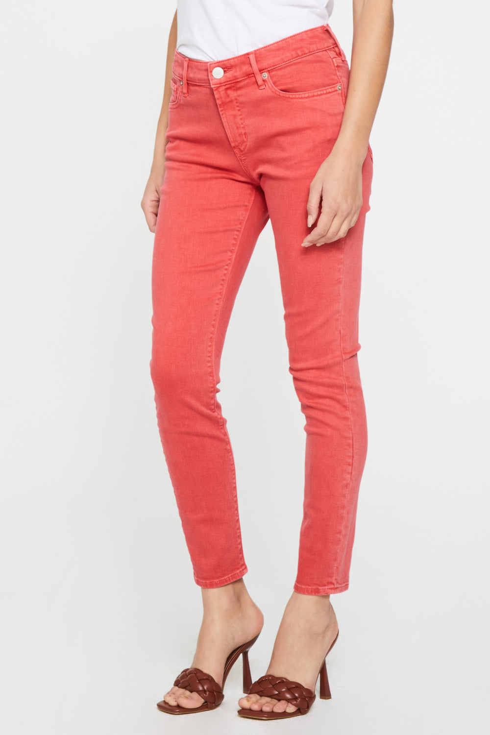 image of a female model wearing a GISELE HIGH RISE ANKLE SKINNY JEANS SCARLET JEANS