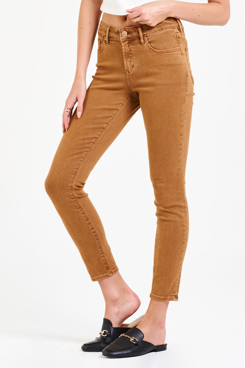 image of a female model wearing a GISELE HIGH RISE ANKLE SKINNY JEANS BUTTERSCOTCH JEANS