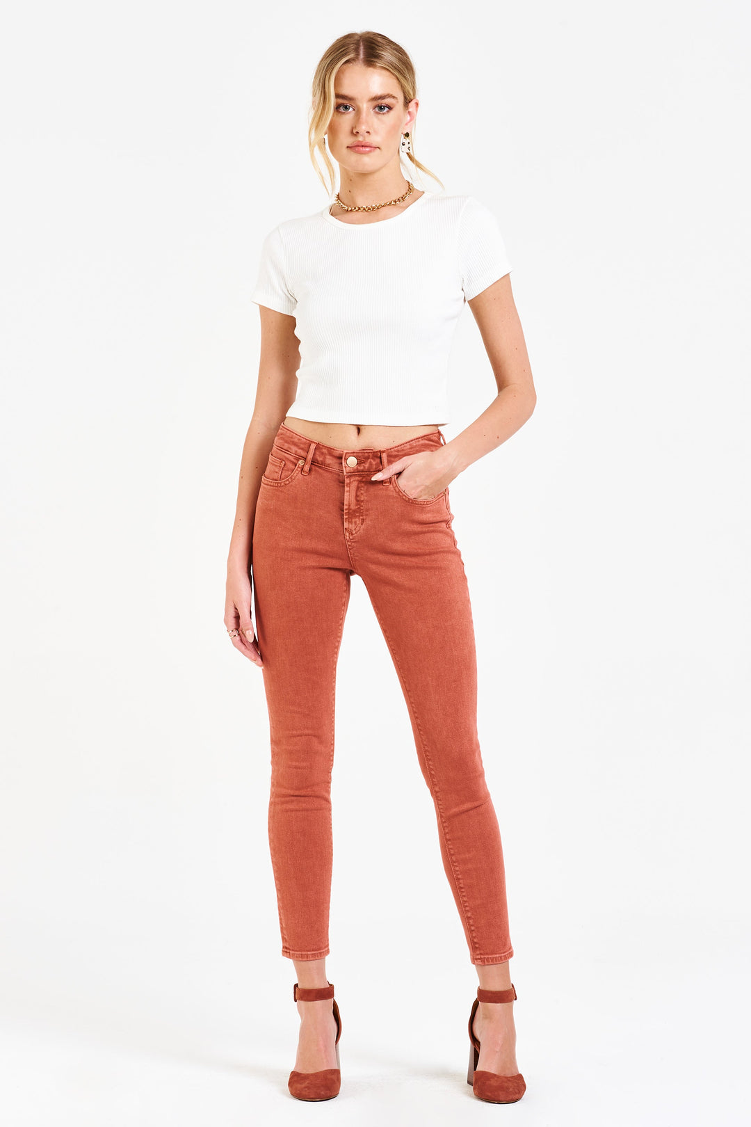 image of a female model wearing a GISELE HIGH RISE ANKLE SKINNY JEANS MELLOW MAUVE JEANS