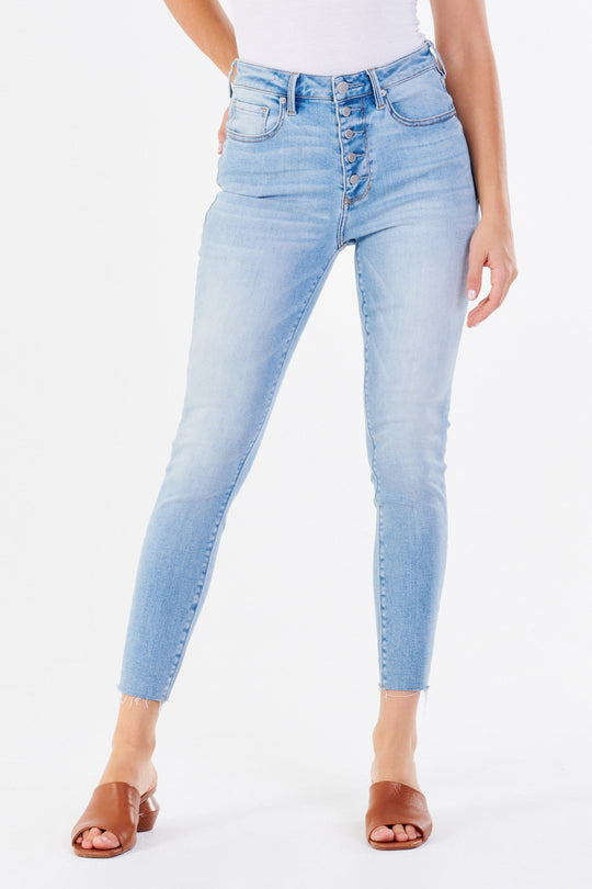 image of a female model wearing a OLIVIA SUPER HIGH RISE ANKLE SKINNY JEANS DOWNTOWN JEANS